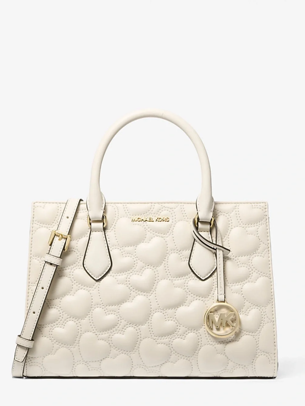 Michael Kors Cream Quilted Heart Satchel with Gold MK Charm